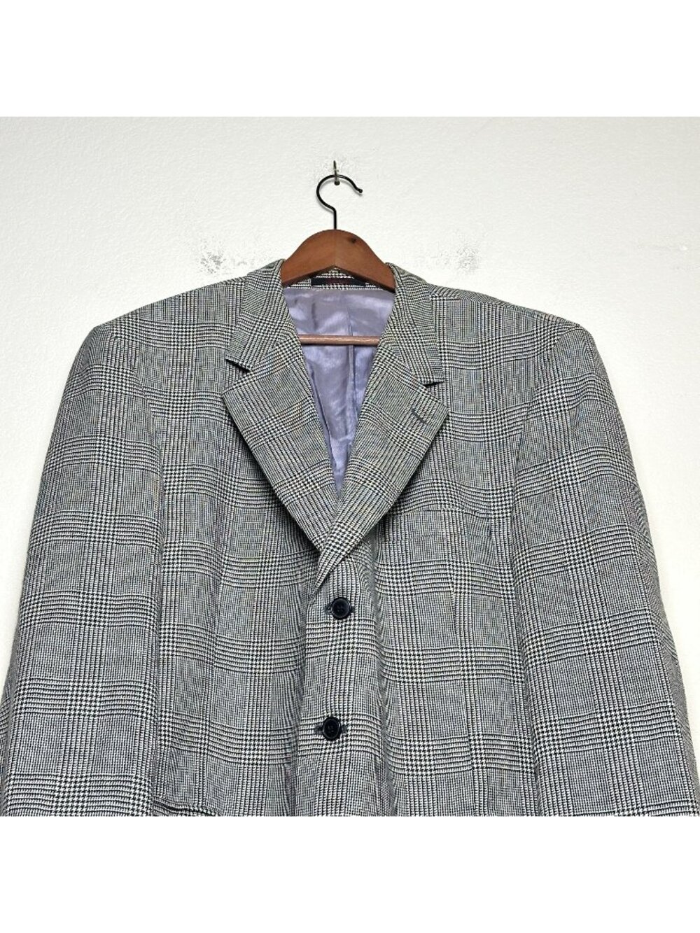 VTG English Manor Men 48R Sport Coat Houndstooth Blazer Jacket Wool Black Prep